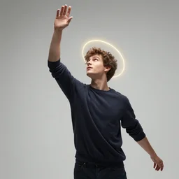 young male, halo, raising his hand, mid air, greg rutkowski