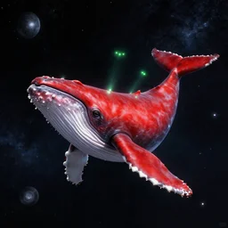 red whale with 6 green glowing eyes in tge space