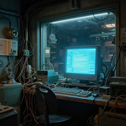 car shop, retrofuturism, cluttered, wires everywhere, computer, window, at night, lit only by the luminescent computer screen, dramatic lighting, alien technology, detailed by simon stalenhag