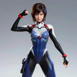 young female character in a plugsuit inspired by ling xiaoiy from tekken and alita, digital art made by makoto shinkai and wlop, anatomically correct, extremely coherent, battle pose, hd, symmetrical