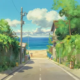 summer street near a beach, studio ghibli style