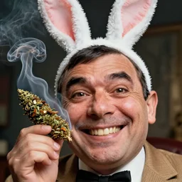 hyper realistic, close up portrait of a mega derpy silly mr. bean, big chungus, with bunny ears, smoking massive amounts of weed, big smile, buck teeth, by greg rutkowski, scott m fischer, artgerm, loish, slight glow, atmospheric, anne stokes, alexandros pyromallis, 4 k, 8 k