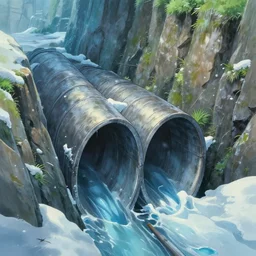 frozen sewer tunnels leading towards the side of a cliff, sharp focus, cool color palette, studio ghibli, key anime visuals, trending on artstation, detailed, 4 k