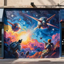 A beautiful street art of a space battle with wild, bright colors. warm blue, soft shadow by Arthur Hughes romantic
