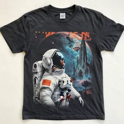 vintage rock tee design of an astronaut looking up at an eerie cathedral on a dystopian planet