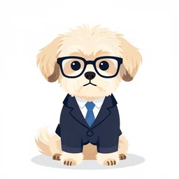 a cream colored havanese dog dressed as a business woman wearing a power suit and glasses, clean vector, by lois van baarle, ilya kuvshinov, kilian eng,