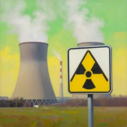 oil painting of a small sign showing a radioactive symbol, in the background there is a cooling nuclear tower with lots of steam, the sky is green and yellow