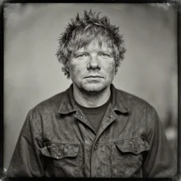 daguerreotype ambrotype of scruffy - looking old ed sheeran in a dirty mining uniform, highly detailed,