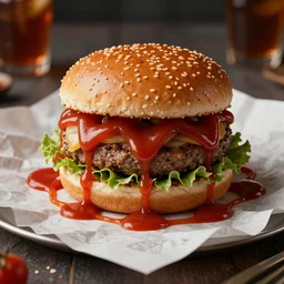 A burger with too much ketchup all over the wrapping paper, octane render, Unreal Engine, cinematic