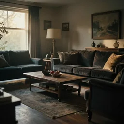 early morning in a tastefully decorated living room with dark luxurious furnishings, and a mix of antique and modern furniture, and a mix of concrete and wood finishes, soft focus cinematic still, dark dreamy golden dappled light
