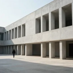 Hyper realistic photo from the distance of a person walking in a brutalist style museum, sun rays at sunset, hard shadow, fog, Hyper realistic film photography by Yohji Yamamoto, Zeiss 18mm f2.8, Hasselblad, insanely detailed, sharp focus