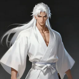 a highly detailed illustration of fierce white haired attractive young japanese man wearing white hakama, black eyes, dramatic pose, muscular, intricate, elegant, highly detailed, centered, digital painting, artstation, concept art, smooth, sharp focus, league of legends concept art, wlop