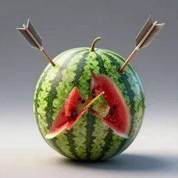a watermelon pierced by an arrow, arrow sticking out, highly detailed, 8k