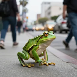 a bipedal frog walking down a busy street in los angeles,