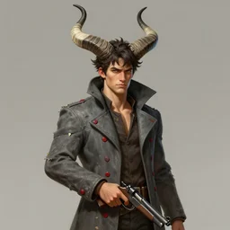 borderlands game concept art of a handsome young man with large curved backward imp horns on a head in tattered slate - gray collared coat with red buttons holding a gun, black and white striped horns, art by cushart krentz and greg rutkowski, male person concept art, elegant, morandi color scheme, 8 k resolution, octane render, commission art