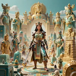 wide landscape cyberspace city ceramic happy queen bounty hunter cyberpunk inca in tribal regalia, an idea seep's into infinity highly detailed in volumetric latent space, golden turquoise, cinematic light, sharp focus, divine realm of gods, octane render,
