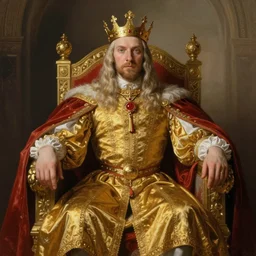 a king sitting on a throne, illustration by fergus hall