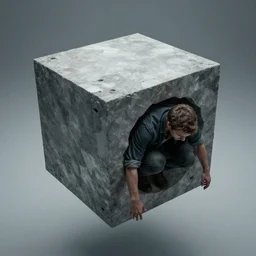 man trapped inside a floating cube