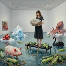 painting of a flooded modern art gallery and a tall emo girl holding a large stone, lifeboat, art gallery interior, pig, liminal space, hemp ropes, courgette, waterfall, black bench seat, feminine, organic, icebergs, pomegranates, octopus, zen, black swans, courgettes, berries, surrealist, by magritte and monet