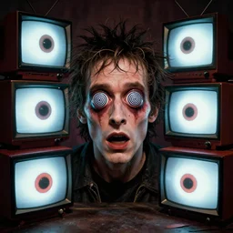 depraved and insane man with spiral eyes and tvs with eyes on the screen all around in the style of herbert ploberger and nainoa rosehill