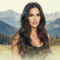 megan fox creative double exposure effect beautiful mountain scenery, medium sized tattoo sketch, amazing detail, trending on pinterest, in the style of brandon kidwell