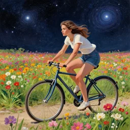 drawn photorealistic female image riding bike through interstellar star flowers field