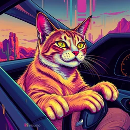 a cat that is a crackhead, driving a lamborghini in tucson arizona, glitch art, moebius style, cartoony, arcylic painting
