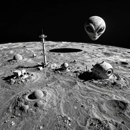 bad quality, black and white picture of a aliens colonization on the moon, taken from earth,