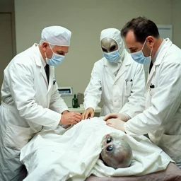 1960s photographic evidence of alien autopsy, doctors wearing masks and examining alien body partially covered by sheets