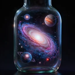 galaxies, planets and stars trapped in a glass bottle, dark background, bioluminecent colors, highly detailed, vivid, digital art