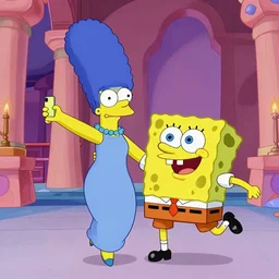 Marge Simpson dancing with SpongeBob SquarePants in a temple, Selfie, Highly Detailed