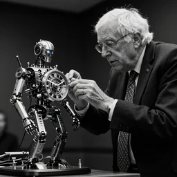 bernie sanders putting the finishing touches on an intricate magical clockwork doomsday robot, black and white photo, cinematic moody lighting, sharp focus