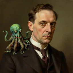 portrait of a 1 9 2 0 s h p lovecraft with a miniature cthulhu perched on his shoulder, scholarly appearance, detailed face, 2 0 th century, highly detailed, cinematic lighting, digital art painting by greg rutkowski