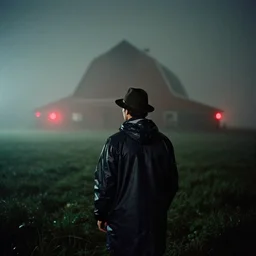 analog portrait photograph of a man from the back wearing a raincoat and a hat in a field and thick fog and mist at night by alex prager and mark owen. a big barn in the background. red lights. bokeh. cinematic. hq. detailed. contrast. cinestill 8 0 0 t