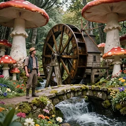 adventurer ( ( ( ( ( 1 9 5 0 s retro future waterwheel and mill in forrest of giant mushrooms, moss and flowers stone bridge waterfall. muted colors. ) ) ) ) ) by jean baptiste monge!!!!!!!!!!!!!!!!!!!!!!!!! chrome red