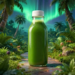 green juice bottle in a luscious tropical grove with neon auroras, path traced, environment, highly detailed, concept art, realistic, octane render, up close shot shinji aramaki, karol bak, alphonse mucha