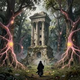a mystical monolithic neoclassical ruined tower and a dark wizard of old walking through an open field with his staff in a beautiful forest of ancient neurons and pink and yellow glowing synapses runnig through the forest, huge incredibly immense trees, highly detailed, hyperrealism, cgsociety, 8k, ancient forest, misty forest, realistic painting, sharp image, hyper realistic art, cinematic, art by konstantin razumov, chiaroscuro