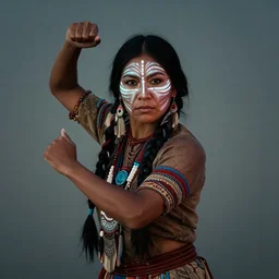 a beautiful portrait of a native american woman with glowing war face paint, dynamic pose, by ruan jia
