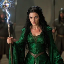 epic photo of young beautiful medieval sorceress with very long black hair wearing a green satin robe and metal belt, battle scene, holding her wizard staff electricity emanating from it, sweaty, in the film excalibur 1 9 8 0, movie still, cinematography by david fincher