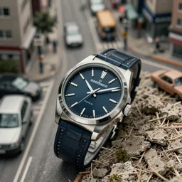 doomsday watch on three minutes to midnight, urban street after the rivers dried up, still image, 8 k, intricate and detailed, tilt shift background, anamorphic lens, cinematic lighting