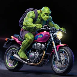 psychedelic blacklight airbrush artwork, motorcycle, hyper stylized action shot of an orc biker riding a motorcycle, clear focused details, soft airbrushed artwork, black background, cgsociety, artstation