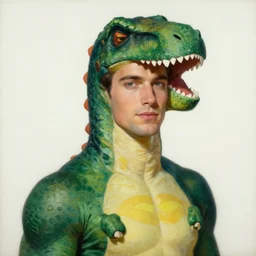 a handsome man. he is dino man, wearing a dinosaur themed superhero costume. clean elegant painting, beautiful detailed face. by artgerm and greg rutkowski and alphonse mucha