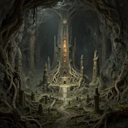 A highly detailed 4K fantasy matte painting of underground city. And tree roots, zdzislaw beksinski, ArtStation, CGSociety, Unreal Engine