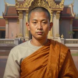 smart sri lanka buddhist monk, closeup portrait, earl sweatshirt, historical hero, ethnic group, tai costume, background is sukhothai temple, intricate, elegant, loin cloth, highly detailed, oil painting, artstation, concept art, matte, sharp focus, illustration, hearthstone, art by earl norem