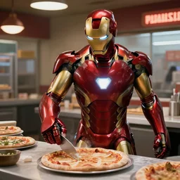 film still from new avengers movie ironman wearing ironman suit working in a pizza parlor making pizza, 4 k