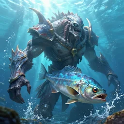 angler fish like humanoid creature as deep sea warrior, blind eyes, scars, epic, splashes of water, terrifying, intense, an ultrafine hyperdetailed illustration, sharp focus, bright colors, destiny 2, fantasy, d & d, unreal engine 5, global illumination, radiant light