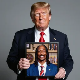 Donald Trump holding a picture of Snoop Dogg for a 1990s sitcom tv show, Studio Photograph, portrait C 12.0