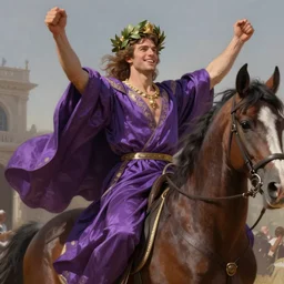 a handsome man weaing a purple silk robe, happy and disarmed, laurels of glory, returns to home triunphantly mounted in a horse. full of pride. victorirous. prideful.. intricate, elegant, highly detailed, digital painting, artstation, concept art, sharp focus, illustration, by justin gerard and artgerm, 8 k