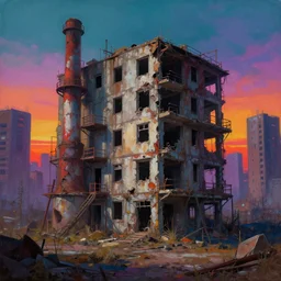a beautiful photorealistic painting of city abandoned industrial architecture tiny home unfinished building architecture urbex building by etel adnan, apocalyptic assassin's creed poppy retrowave forest thermal vision lightpaint sunset synthwave, archdaily, wallpaper, highly detailed, trending on artstation.