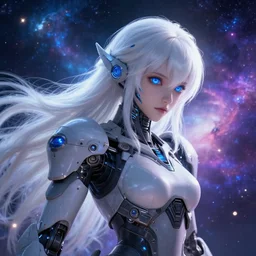 photo of a android girl on a mothership, warframe armor, beautiful face, scifi, nebula, masterpiece, universe, raytracing, dreamy, focused, sparks of light, long white hair, blue cyborg eyes, unique, 8 k high definition, insanely detailed, intricate, innocent, art by akihiko yoshida, akihito tsukushi